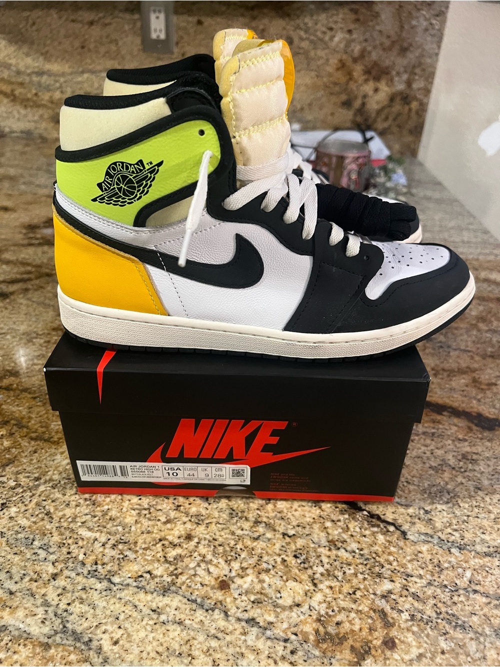 Jordan High-Top Sneakers in White, Black, Yellow & Neon Green